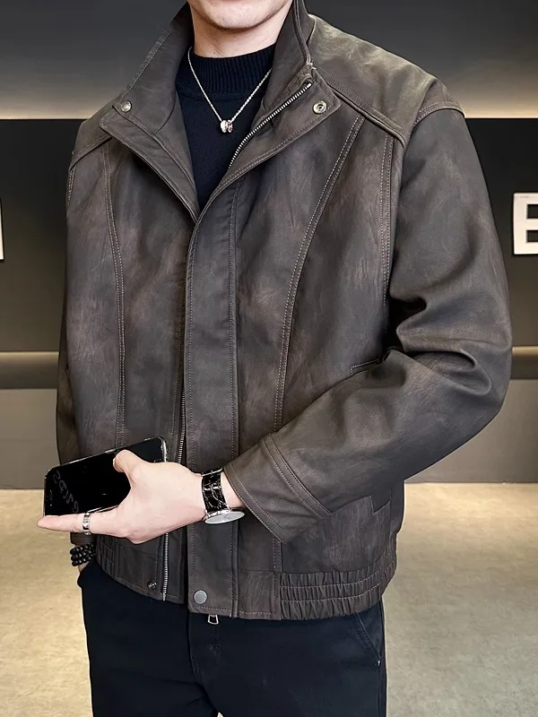 

Retro PU Leather Jaet Men's Loose Fit Stand Collar Biker Coat Faionable Autumn Outerwear Youth Casual Sle Windproof