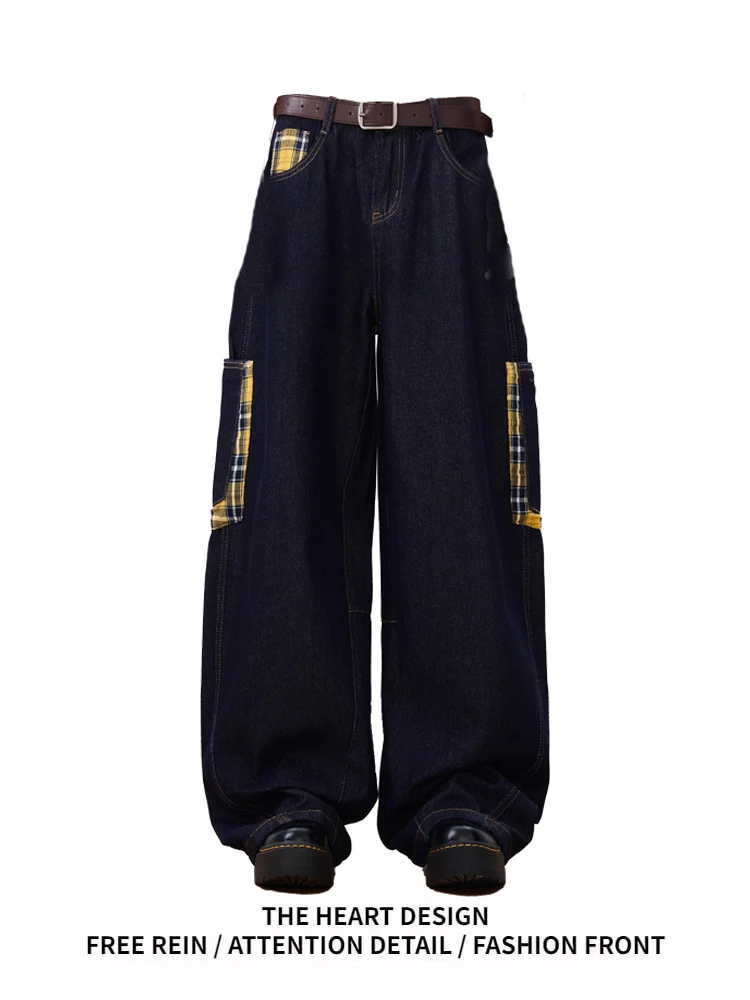 

American Street Sle Plaid Splicing Large ket Wide Leg Knife Jeans Women Spring Versatile Casual Loose Fit Pants