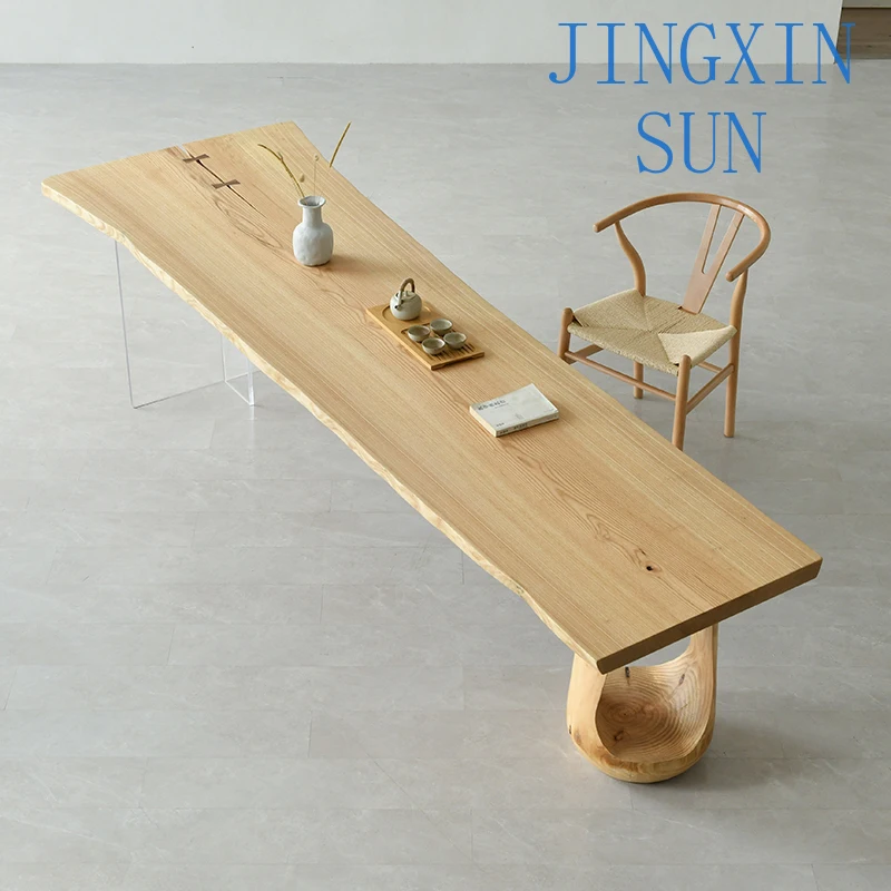 White wax wood natural edge board, modern and simple tea making table, Zen table, original wood table and chair