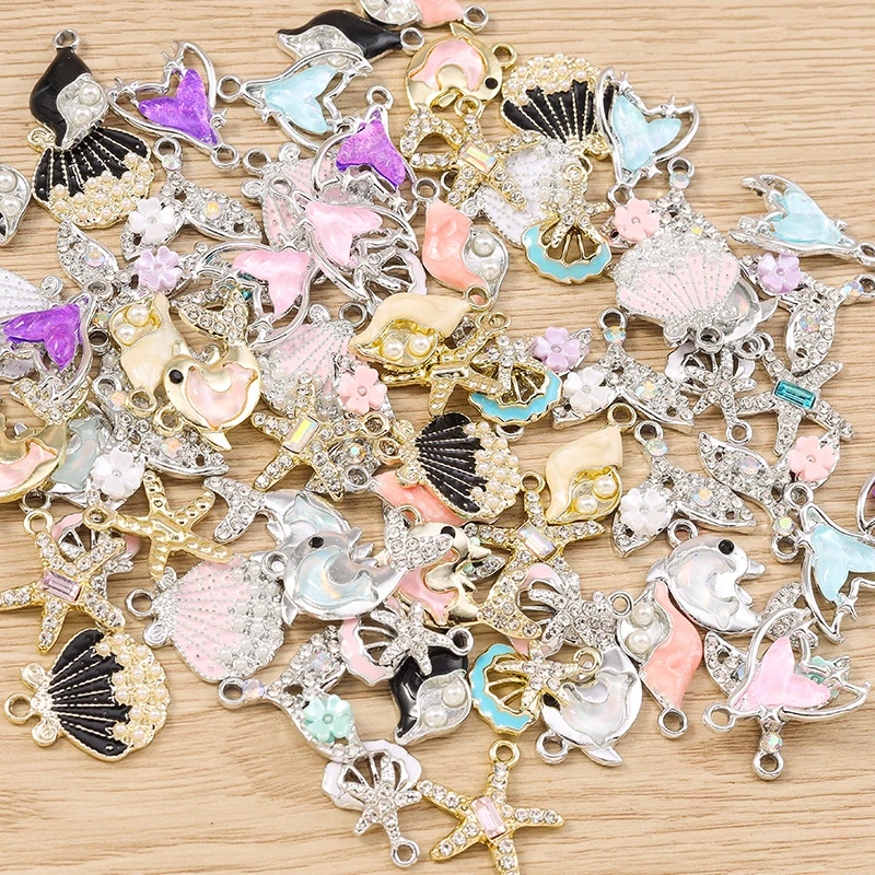 

Tusember 10pcs OceanPearl Crystal Dolphin Mermaid Tail Shell Starfish Charms for Necklaces Earrings Bracelets Pendant Craft