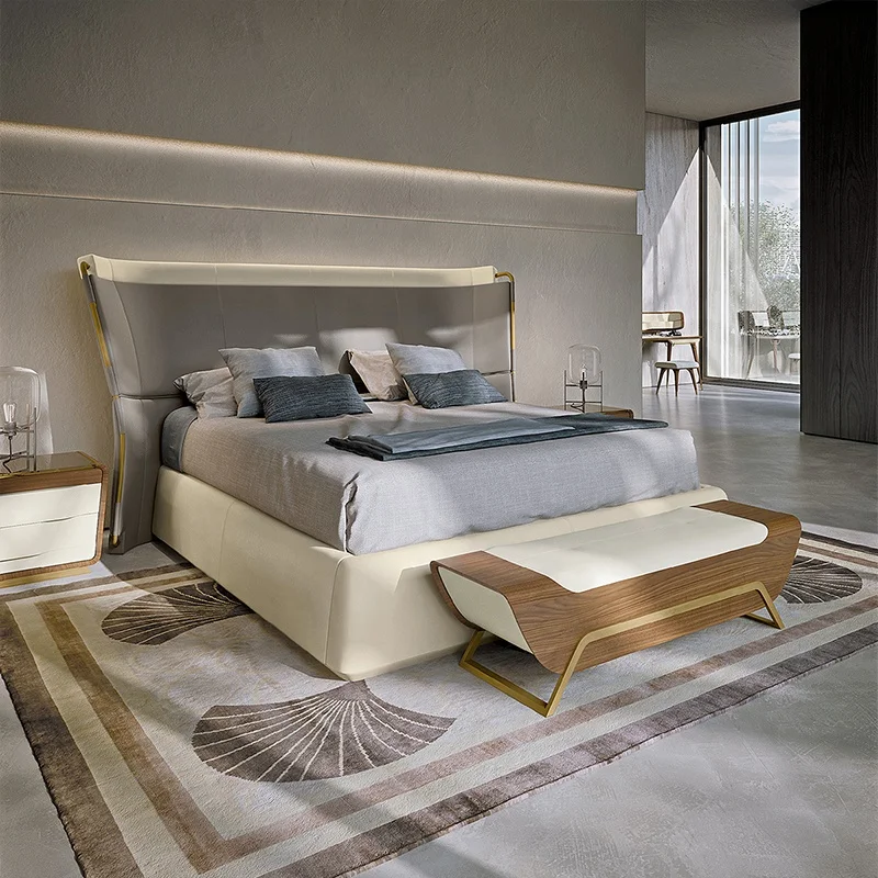 

Hotel Apartment Bedroom Sets Luxury Queen King Size Bed Modern Italian Leather Soft Double Bed Design
