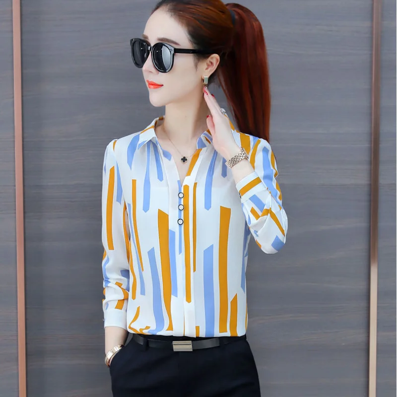 2023 New Women\'s Clothing Shirt Polo-Neck Long Sleeve Office Lady Commuter Fashion Stylish Printed Button Geometric Blouse