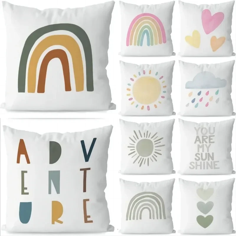 Boho Rainbow Sun Pillow Case for Nursery Kids Bedroom Decor Heart Letter Print Lounge Square Cushion Cover Sofa Throw Pillowcase