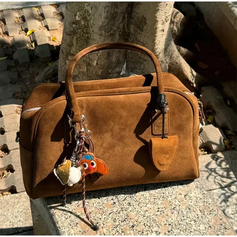 Large Capacity Suede Frosted Women's Handbag Autumn New Ladies Brown Boston Tote Bag Females Commuter Bowling Shoulder Bag