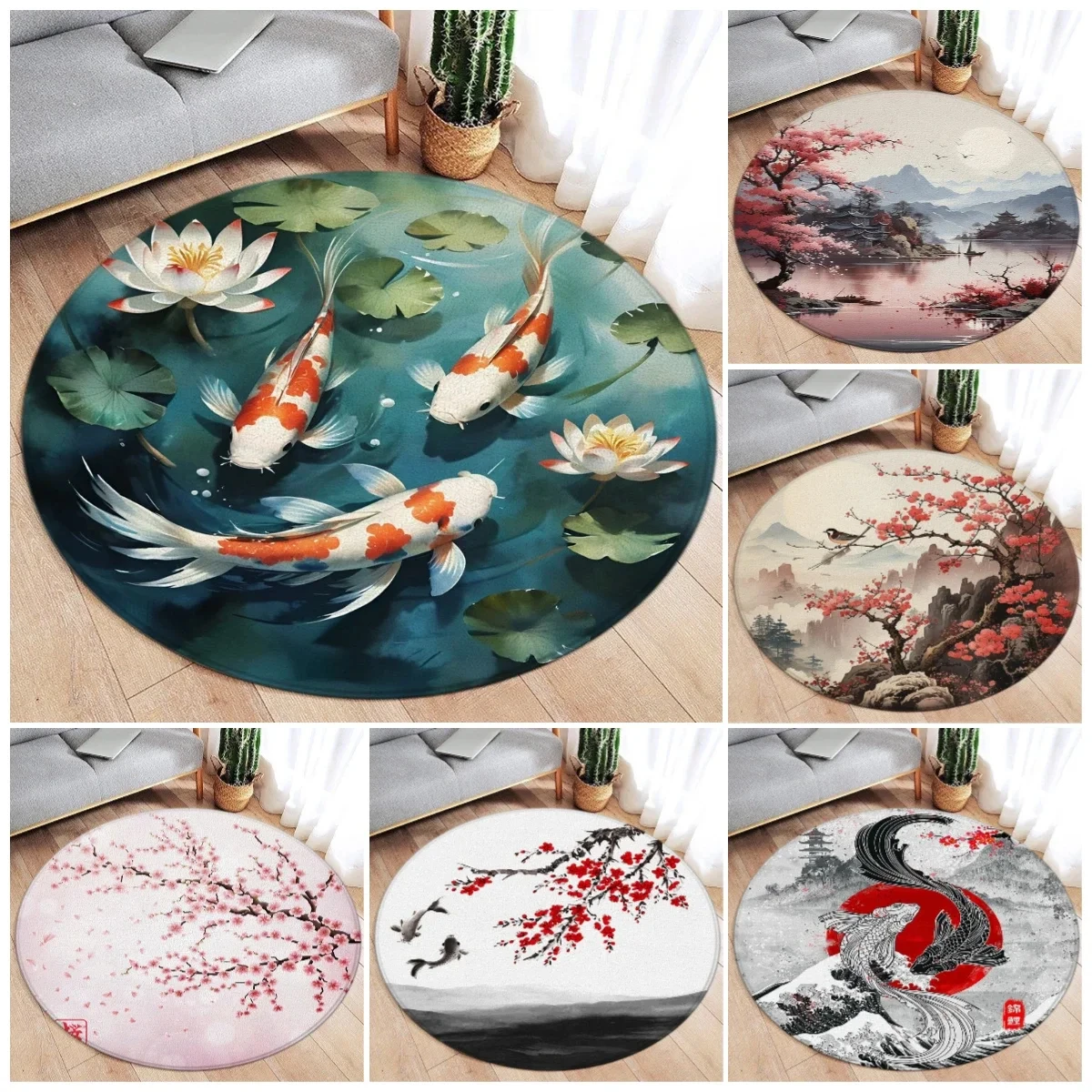 Japanese-style Koi and Cherry Blossoms Rug, Non-slip Floor Mat for Living Room, Bedroom, Bathroom, Holiday Home Decoration