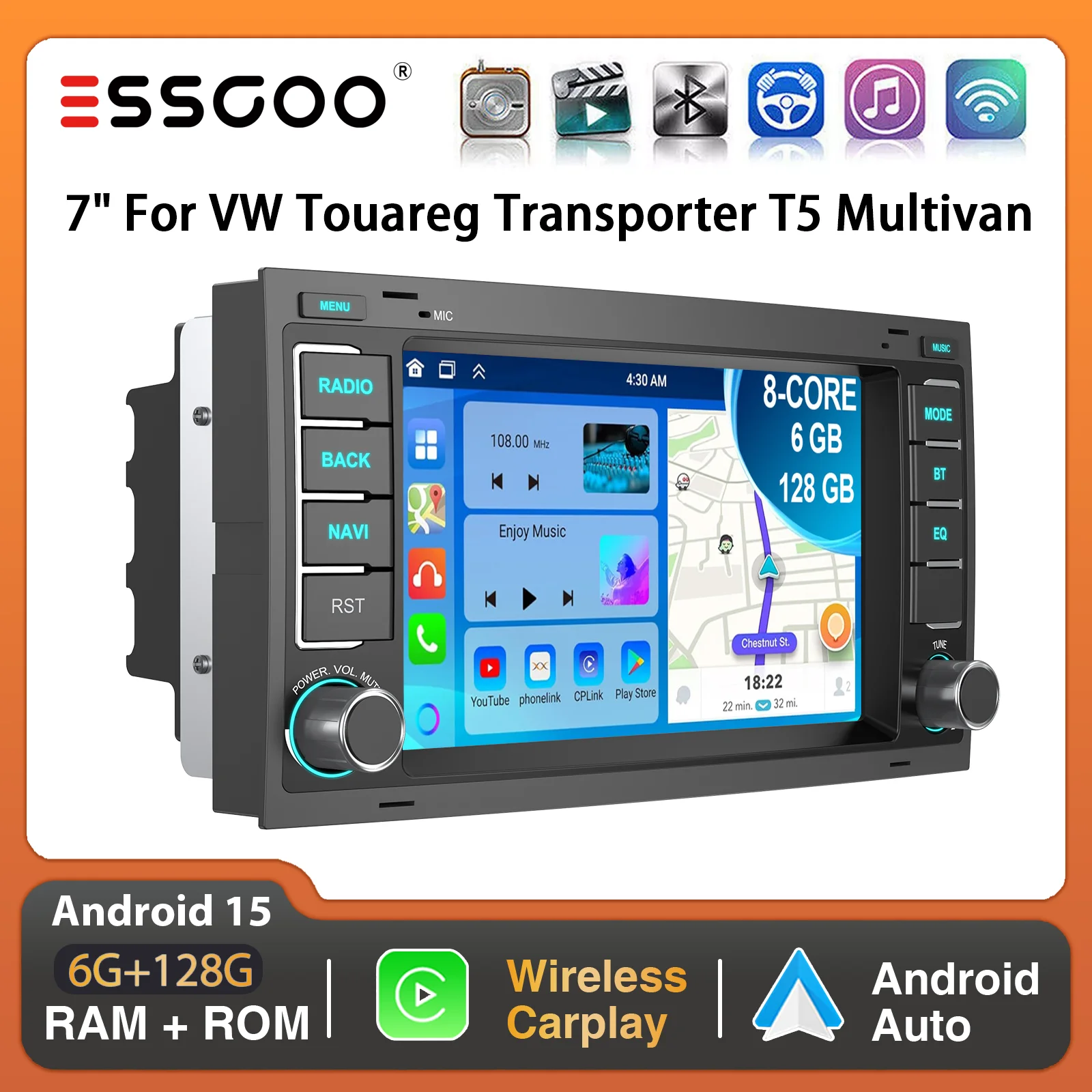 ESSGOO 7" Android 15 6+128G 8-Kern Autoradio für VW T5 Multivan Transporter Kabelloses Carplay GPS Navi DSP 4G AM BT RDS SWC