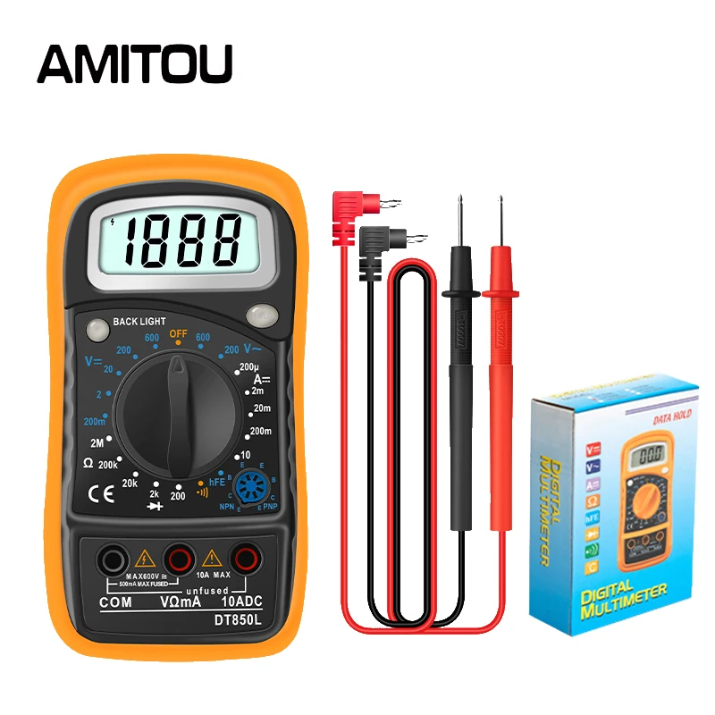 AMITOU Digital 1999 Counts Automatic Multimeter Professional Multimetro Backlight AC/DC Ammeter Volt Ohm Tester with Test leads