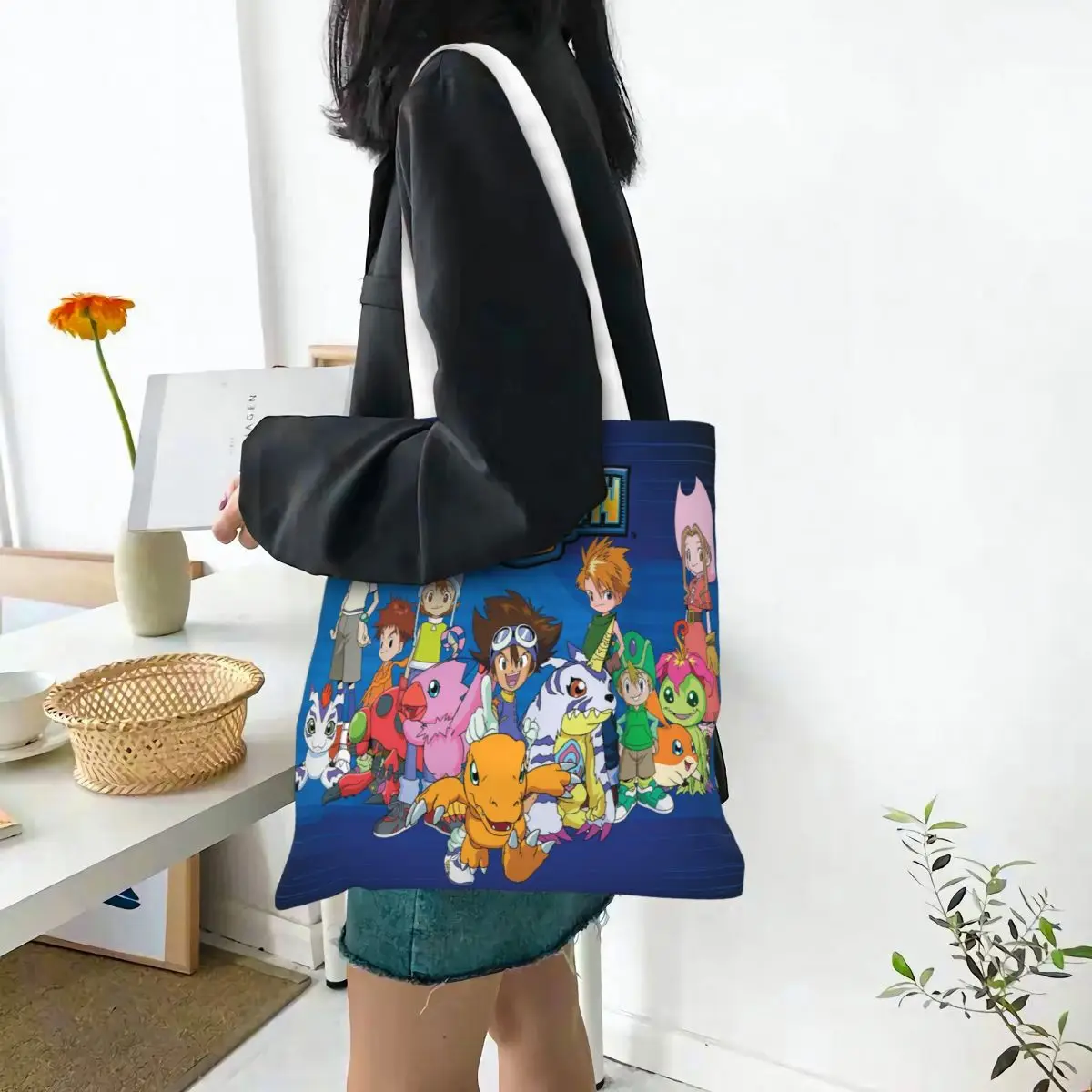 Anime Digimon Cartoon Shopping Bags Women Canvas The Tote Bag Folding Girls Shoulder Tote Travel Handbag