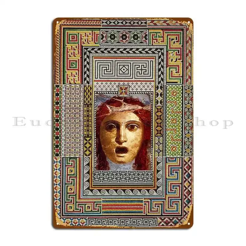 Theater Mask Antique Roman Painting With Pompeii Mosaics Patchwork Metal Sign Pub Plates Design Retro Customize Tin Sign Poster