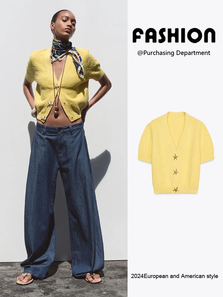 

Лето 2023, новая женская трикотажная верхняя одежда Jaet ort Sve V-Ne с пуговицами, универсальный звездный дизайн, верхняя одежда для поездок на работу