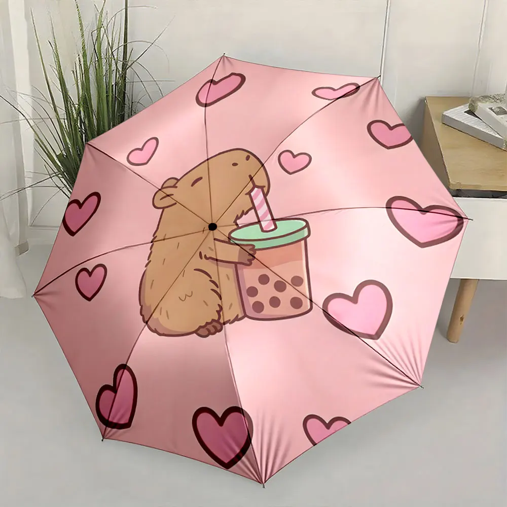 1PC Adorable Capybara Bubble Tea Umbrella Design Print 8 Iron Ribs Folding Umbrella Auto-Open Fashion Sunshade