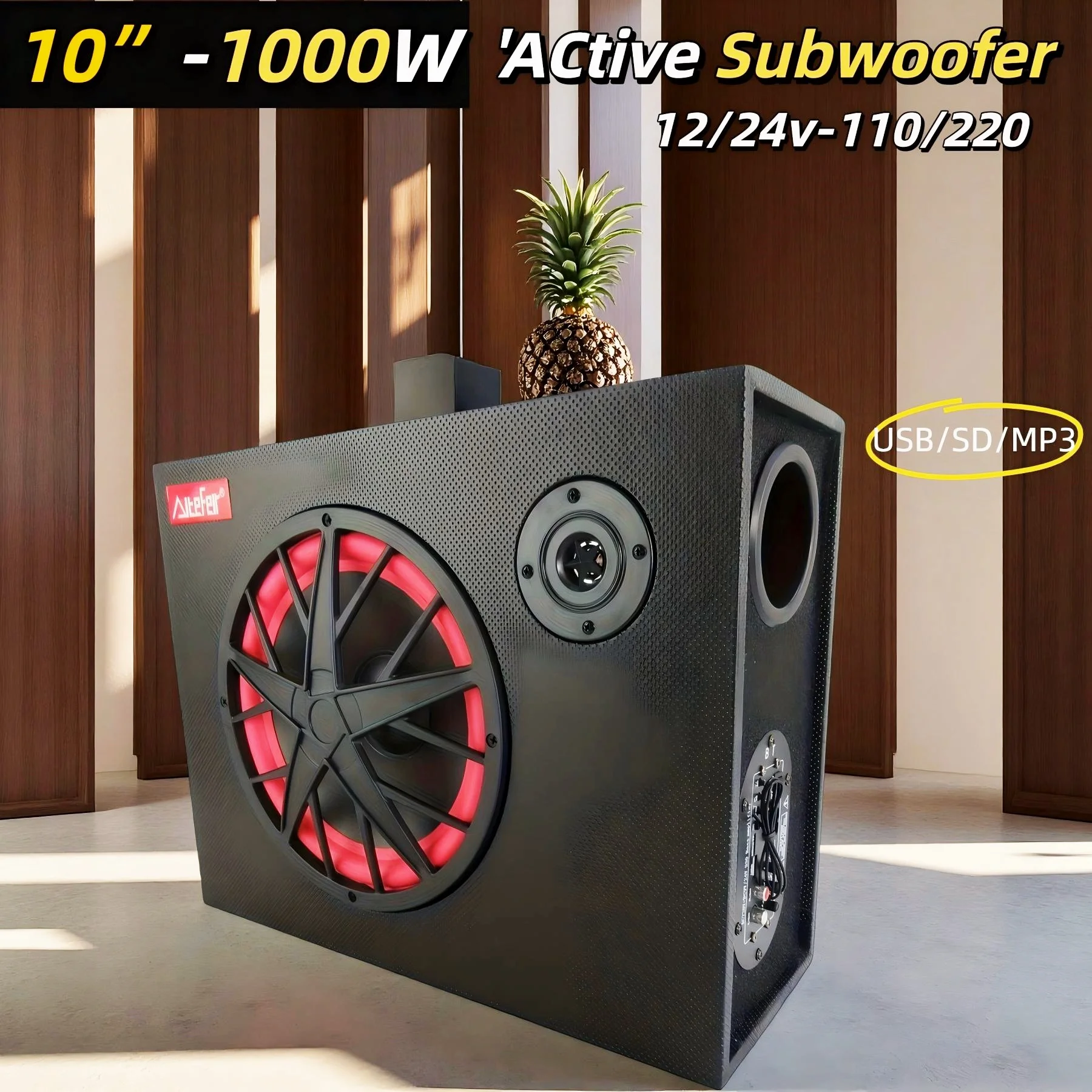 

10 Inch 1000W Car Active Subwoofer With BT Universal High-Power Square 12/24V-110/220V Car Auto Dual Purpose Subwoofer