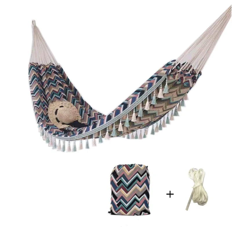 Popular Nordic style portable jacquard canvas outdoor garden hammock with fringe