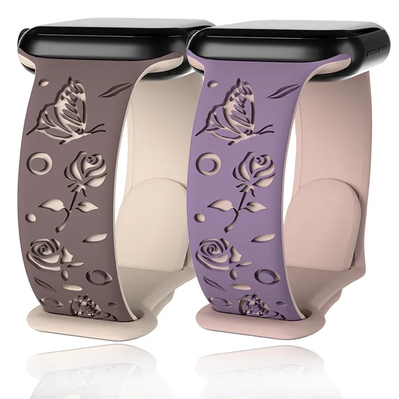 Strap for Apple Watch Band 44mm 42mm 46mm 40mm 45mm 49mm 44 Mm Floral Engraved Bracelet Correa Iwatch Series 10 9 7 SE 6 8 Ultra