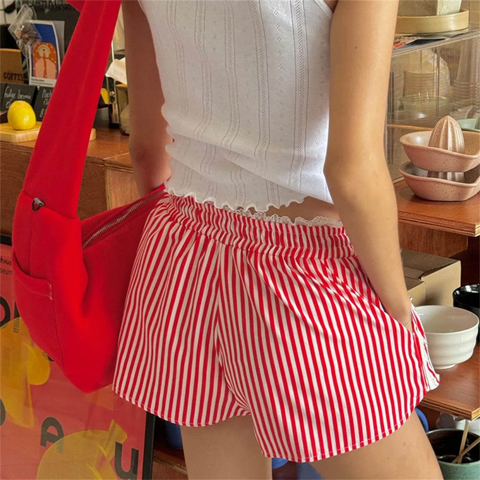 Women Vintage Kawaii Ruffles Lace Trim Shorts Striped Print Casual Drawstring Slim Fits Cottage Y2K Aesthetic Shorts Pants