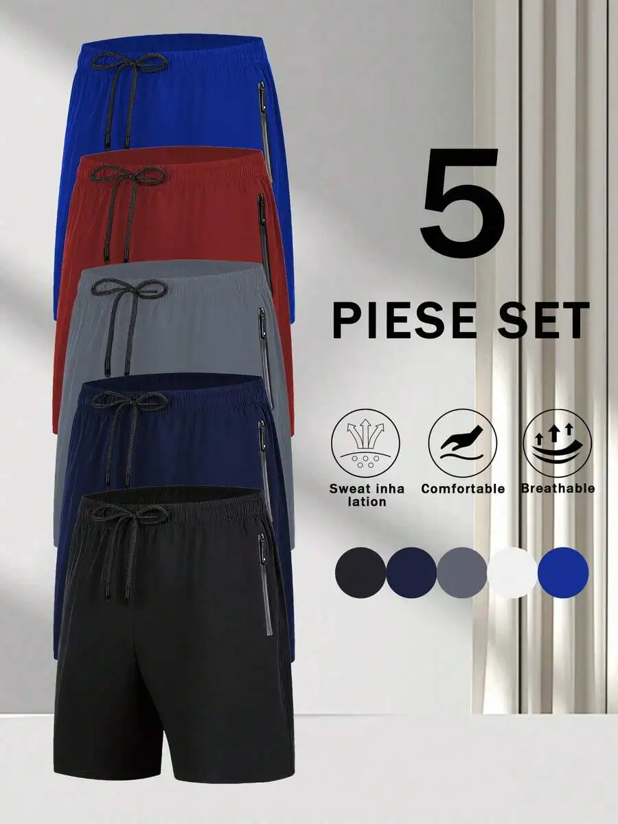 

5 Pieces Mens Quick Dry Running Shorts With Zip Pockets For Sports Fitness Outdoor