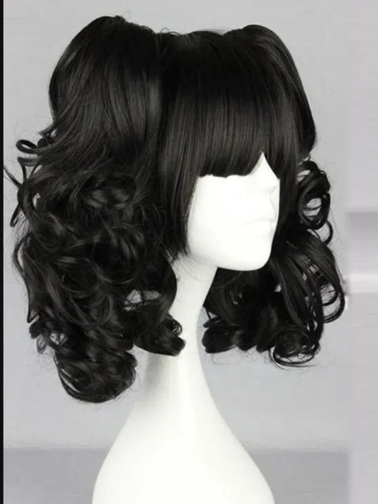 HOT sell Free Shipping Black Short BOB Curly Girl's Wig + 2 Ponytails Synthetic Cosplay Costume Party Wigs