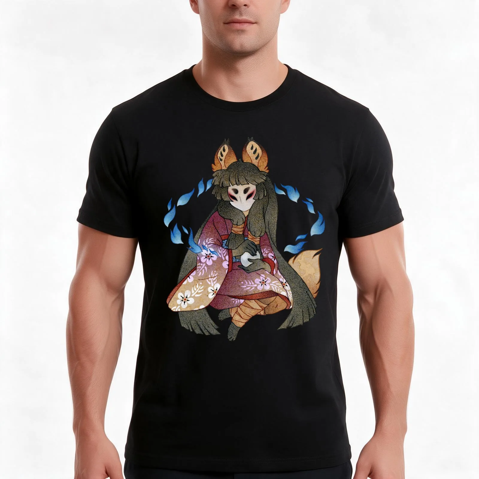 Ring of Foxfire - TeaKitsune Fox Yokai T-Shirt, Summer Casual Cotton Tee, Oversized Streetwear Tops, Vintage Graphic Print