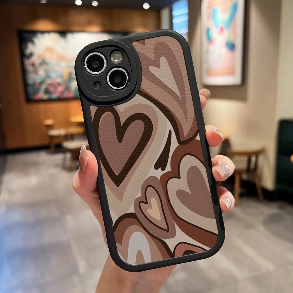 Brown Hearts Phone Case Leather Black For IPhone 13 12 15 11 14 Pro Max Mini X Xr 8 Plus SE2020 Soft Silicone Cover