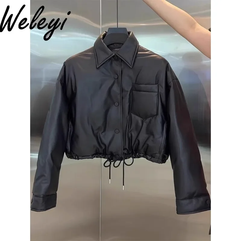 

Premium Black PU Leather Cotton Jacket Ladies Autumn and Winter 2024 New Women's Thickened Warm Short Bread Clothing Female