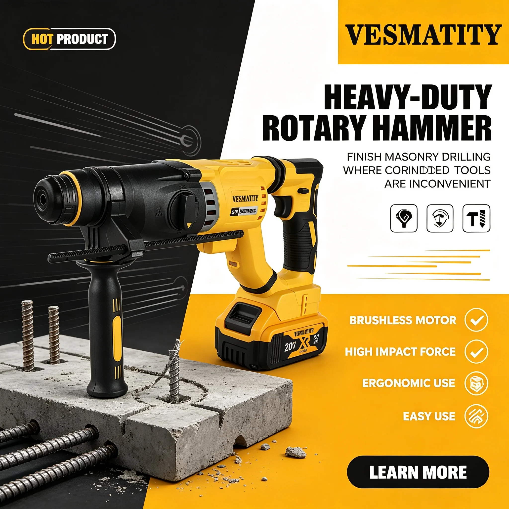 VESMATITY Brushless Rotary Impact Hammer Drill Cordless 2 Modes SDS Metal Concrete Breaker Jackhammer Tools For 20V Battery