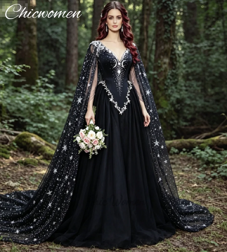 Celestial Whimsigoth Navy Blue Wedding Dress 2026  with Silver Star Moon Appliques Sheer Cape Witchy  Bridal Gowns Enchanted