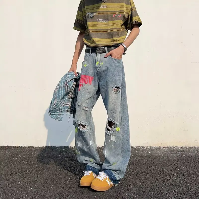 WTHT Fashion Men's Letter Print Hole Do Old Design Denim Pants Vintage High-waisted Wide Leg Jeans Male 2025 Autumn 2A1830