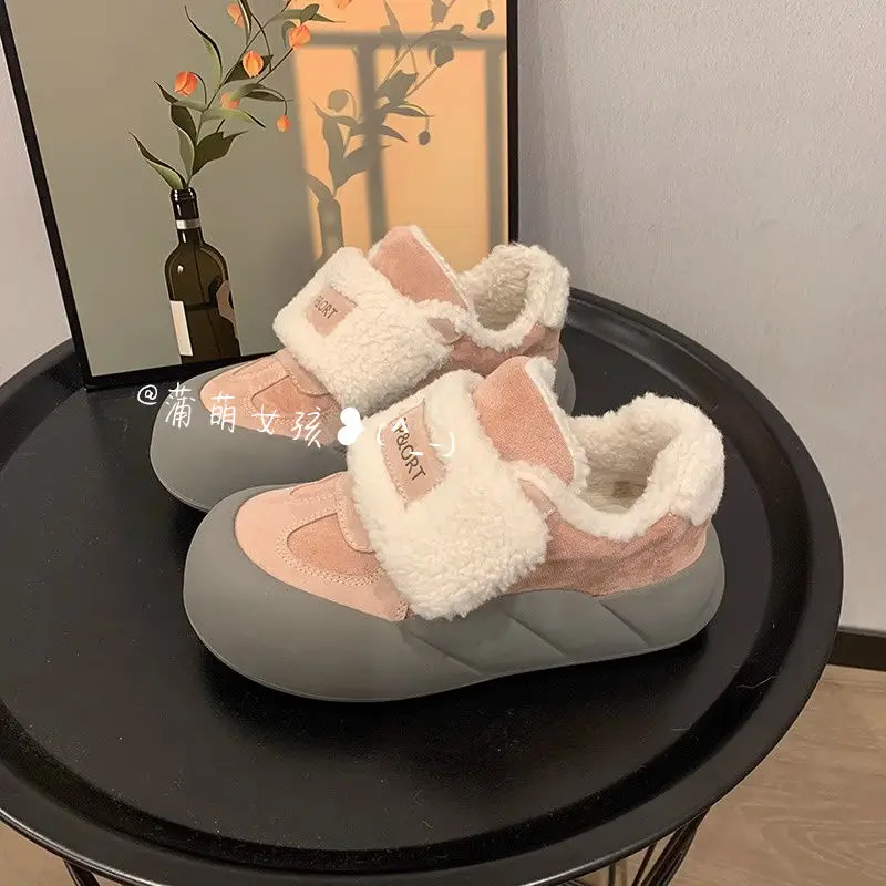 Winter Women Breathable Warmly Sneakers White Wool Shoes Thick Heel Sneakers Casual Platform Y2K Lolita Round Toe Bread Shoes