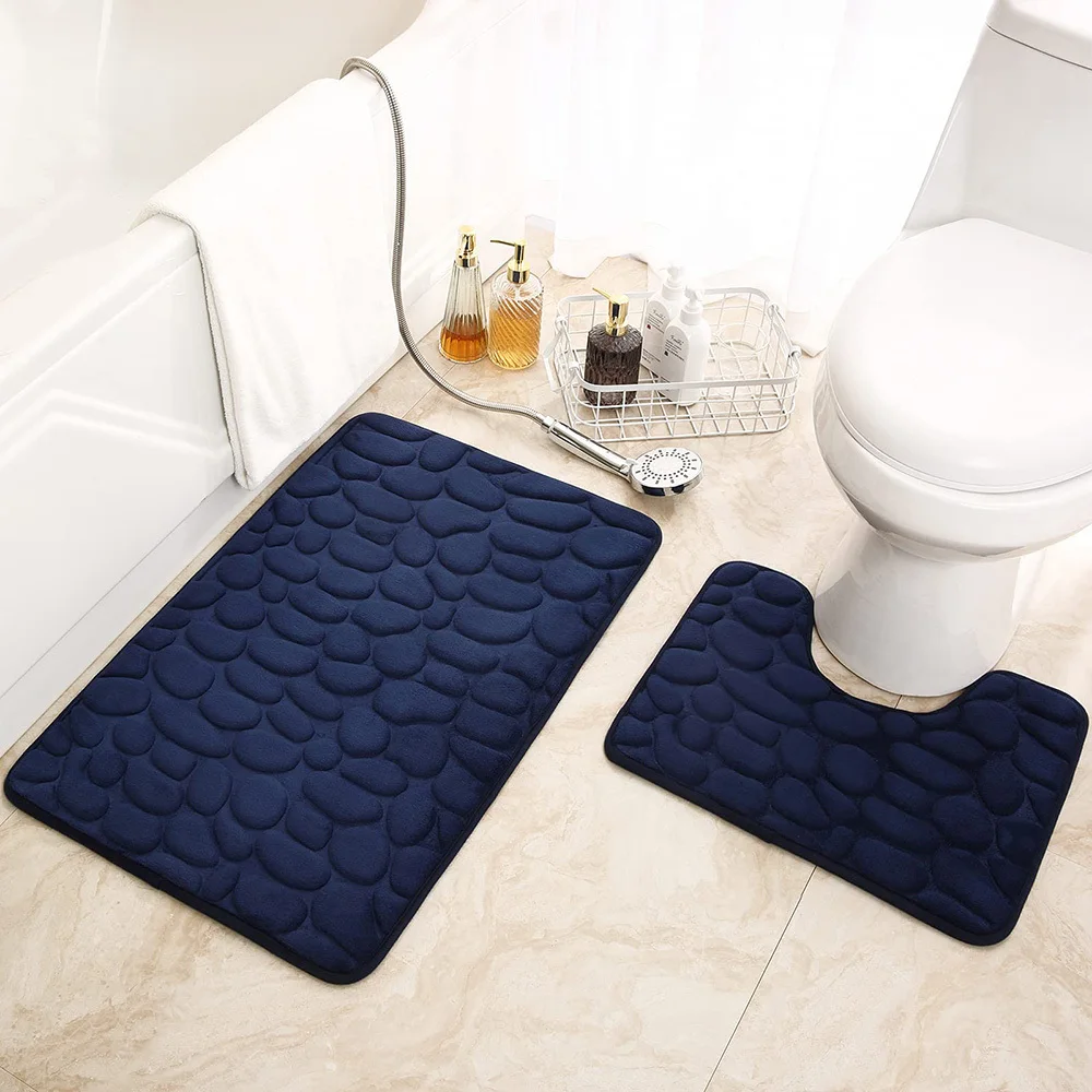 Set da 2 tappetini antiscivolo per il bagno, morbidi e assorbenti, in microfibra, composto da un tappetino da bagno e un tappetino a forma di U per il WC, colore blu navy (40x50 cm + 50x80 cm).
