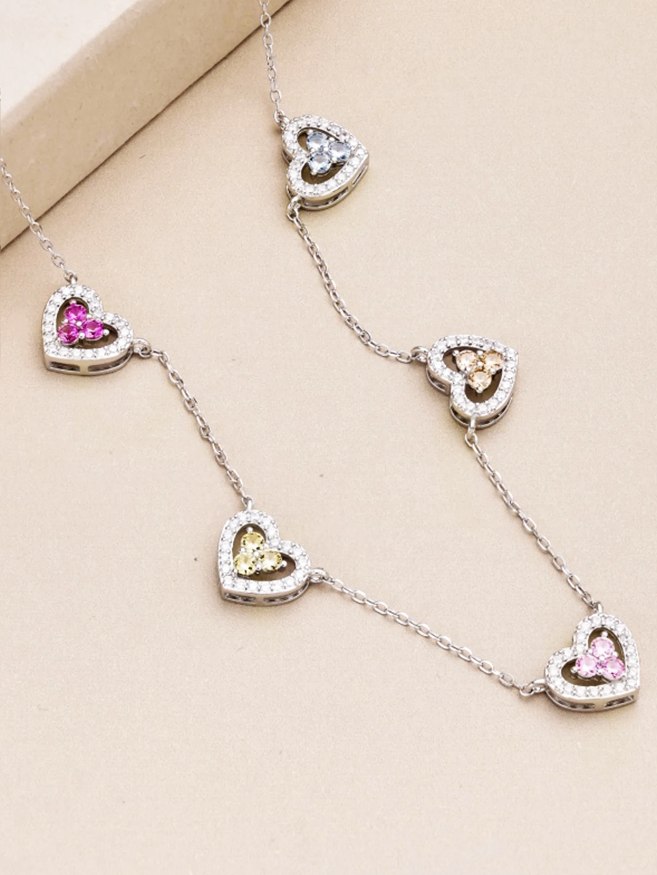 Genuin‌e S925 Sterling Silver Hollow out 5 Hearts Necklace Cubic Zircon Adjustable Chain Jewelry Gift for Women Anniversary