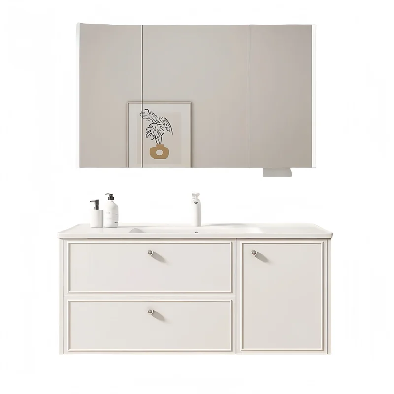French Cream Vanity Mirror Cabinet Ceramic One-Piece Basin Minimalist Bathroom Hand Wash Face Sink Lavatory Furniture