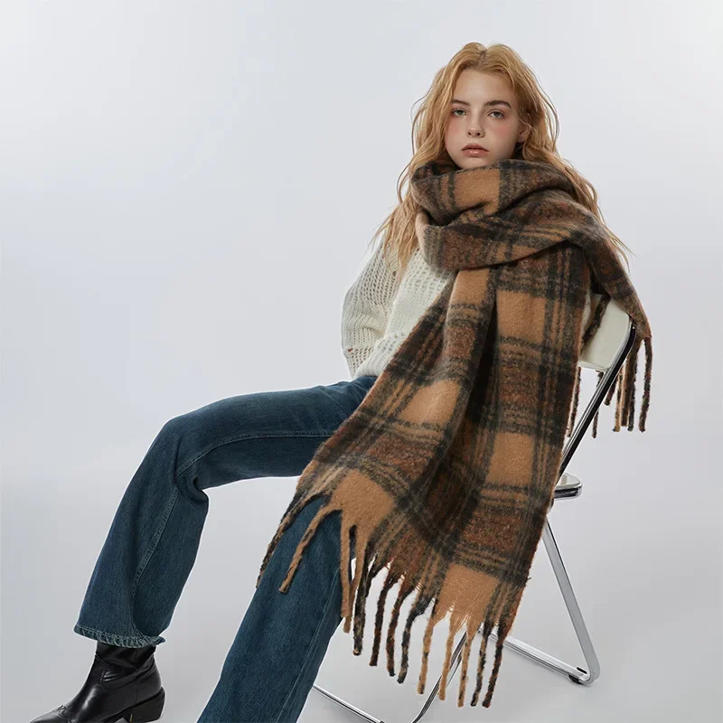 2023New Widened ImitationCashmere Soft LongTassel Women's Scarf Thickened for coldness paired with Maillard Contrast Plaid Shawl