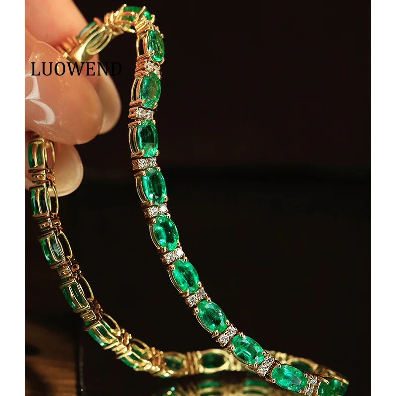LUOWEND 100% 18K Yellow Gold Bracelet Luxury Design Shiny Diamond Natural Emerald Bracelet for Women High Party Jewelry
