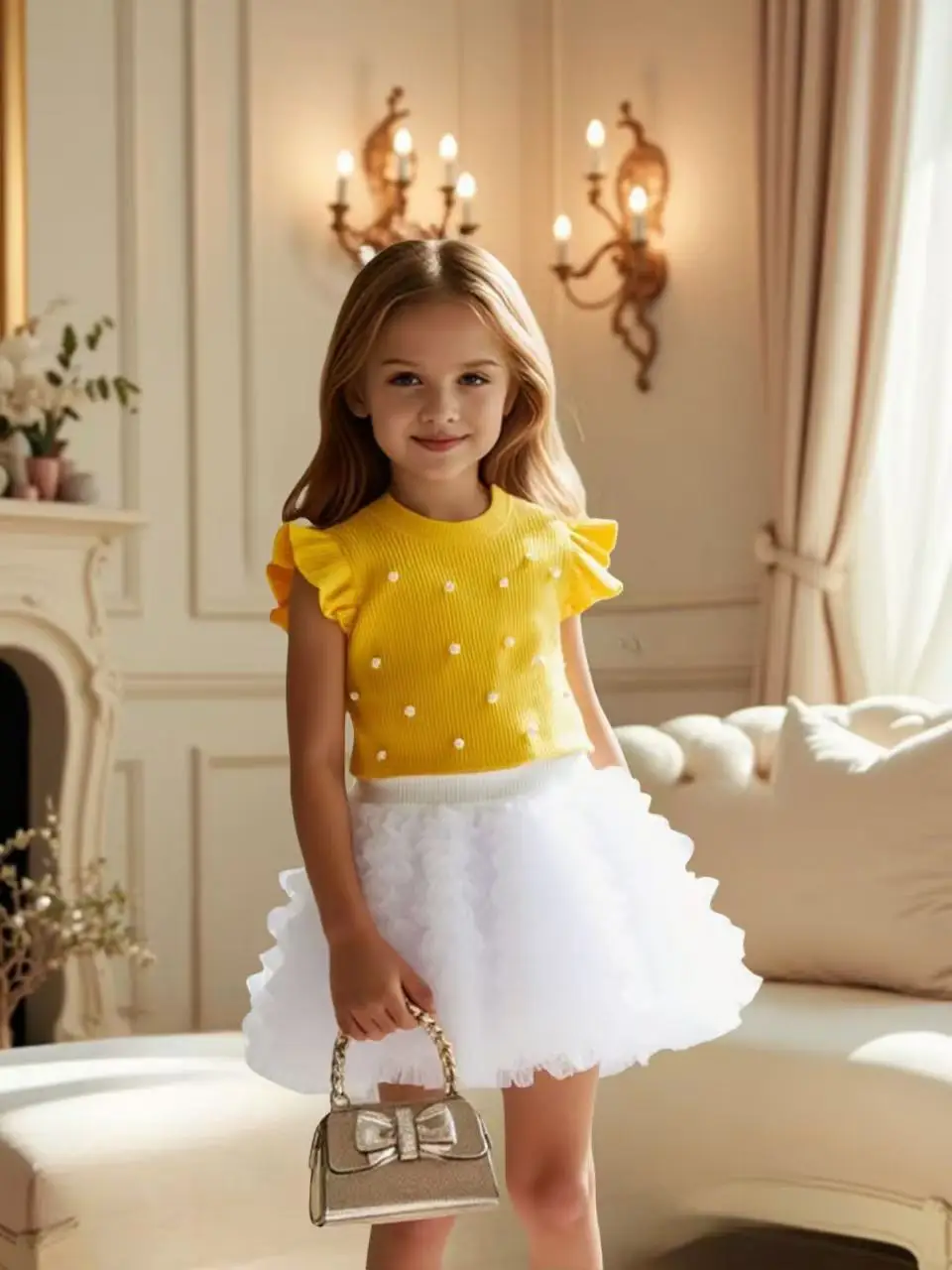 

2025 New Short Skirt Girls Beaded Flying Sleeve T-shirt Princess Skirt All Matching Pompous Skirt Children 100-130cm
