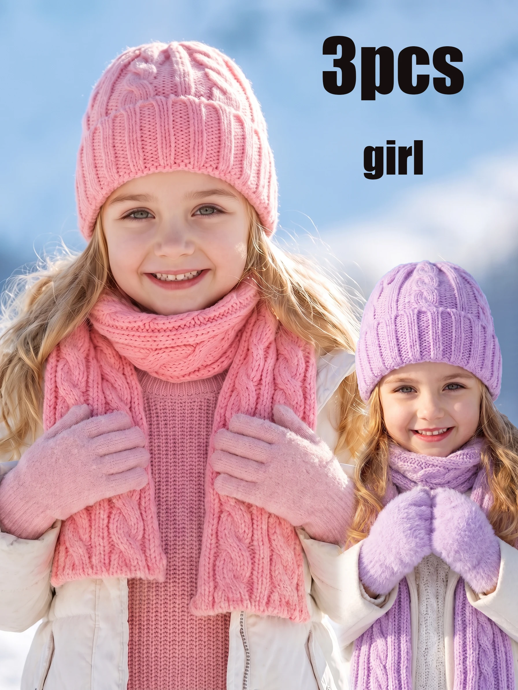 3pcs 2-7Y Kids Boys Cute Cable Knit Hat Scarf Gloves Set, Stylish 3Pcs Knitted Accessory Kit for Children