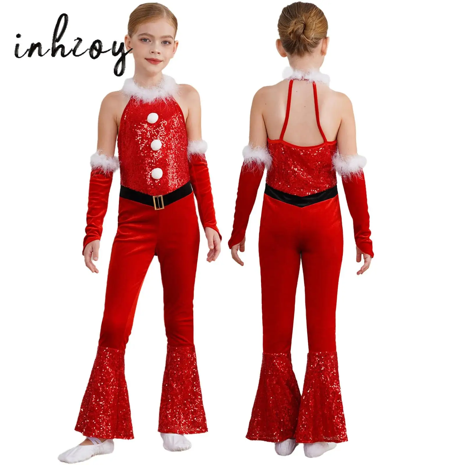 

Girls Christmas Party Jumpsuit Shiny Sequins Halter Flared Pants Full Bodysuit+Arm Sleeve Outfit Hip Hop Jazz Dance Costume Set