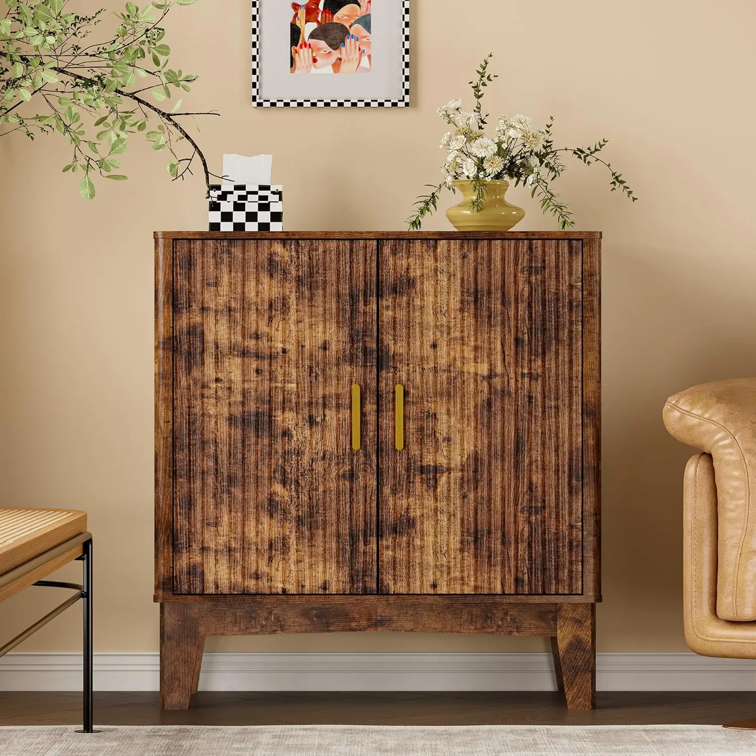 Fluted Storage Cabinet with Shelf & Doors, Sideboard for Kitchen Pantry Entryway Living Room, Coffee Bar, Brown, Customized