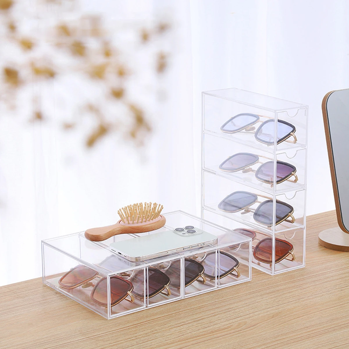 Glasses Storage Box 4 Layers Large Glasses Organizer Box Multifunctional Stackable Display Holder Reusable Acrylic Cosmetics