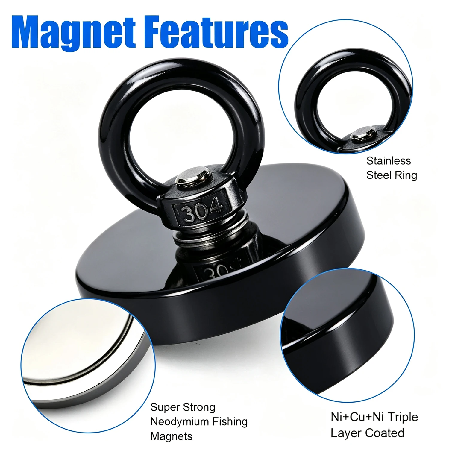 D16~D42mm Hochleistungs-Neodym-Angelhaken N52 Superstarker Seltenerd-Magnet mit Senkbohrung und Ösenbolzen für Bergungszwecke – Detail 3