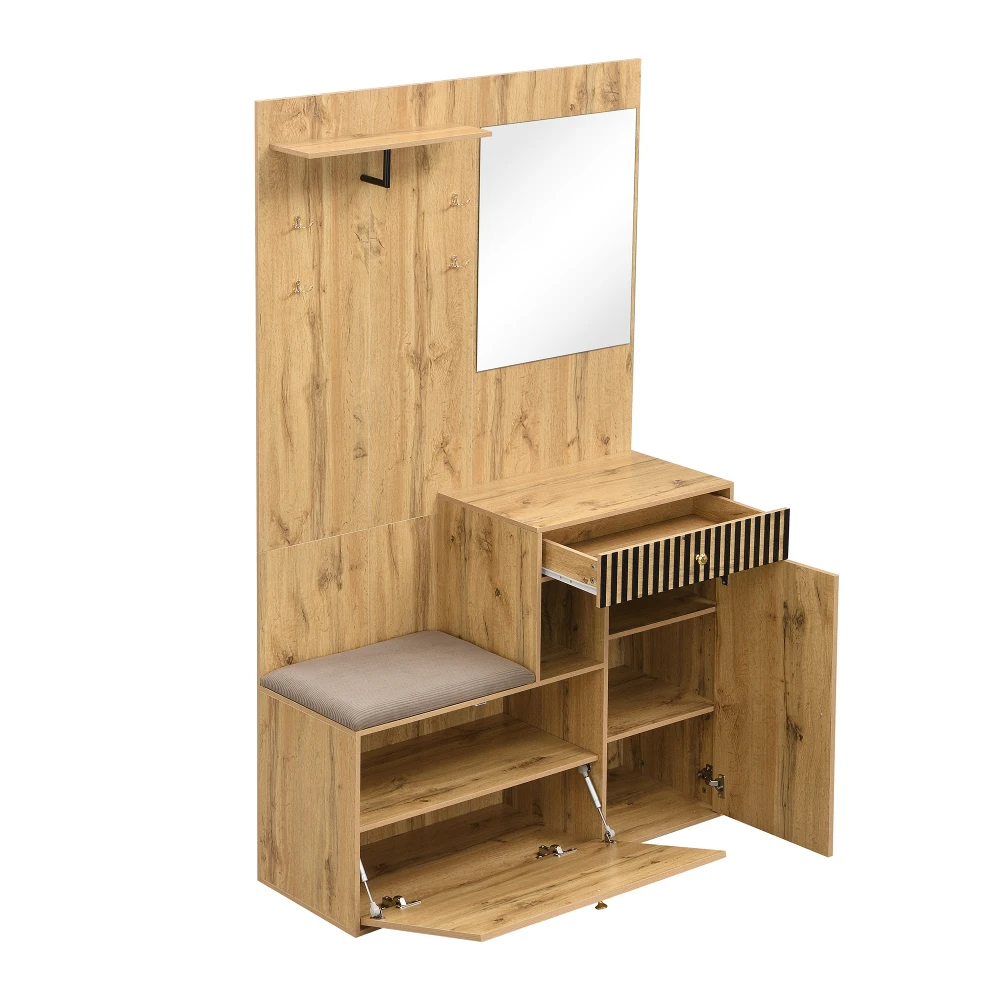 PINGGO Kompaktes Garderoben-Set mit Spiegel und Kissen, Flur-Wandregal, Garderobenpaneele, Schuhschrank für Flur-Aufbewahrung – Detail 12