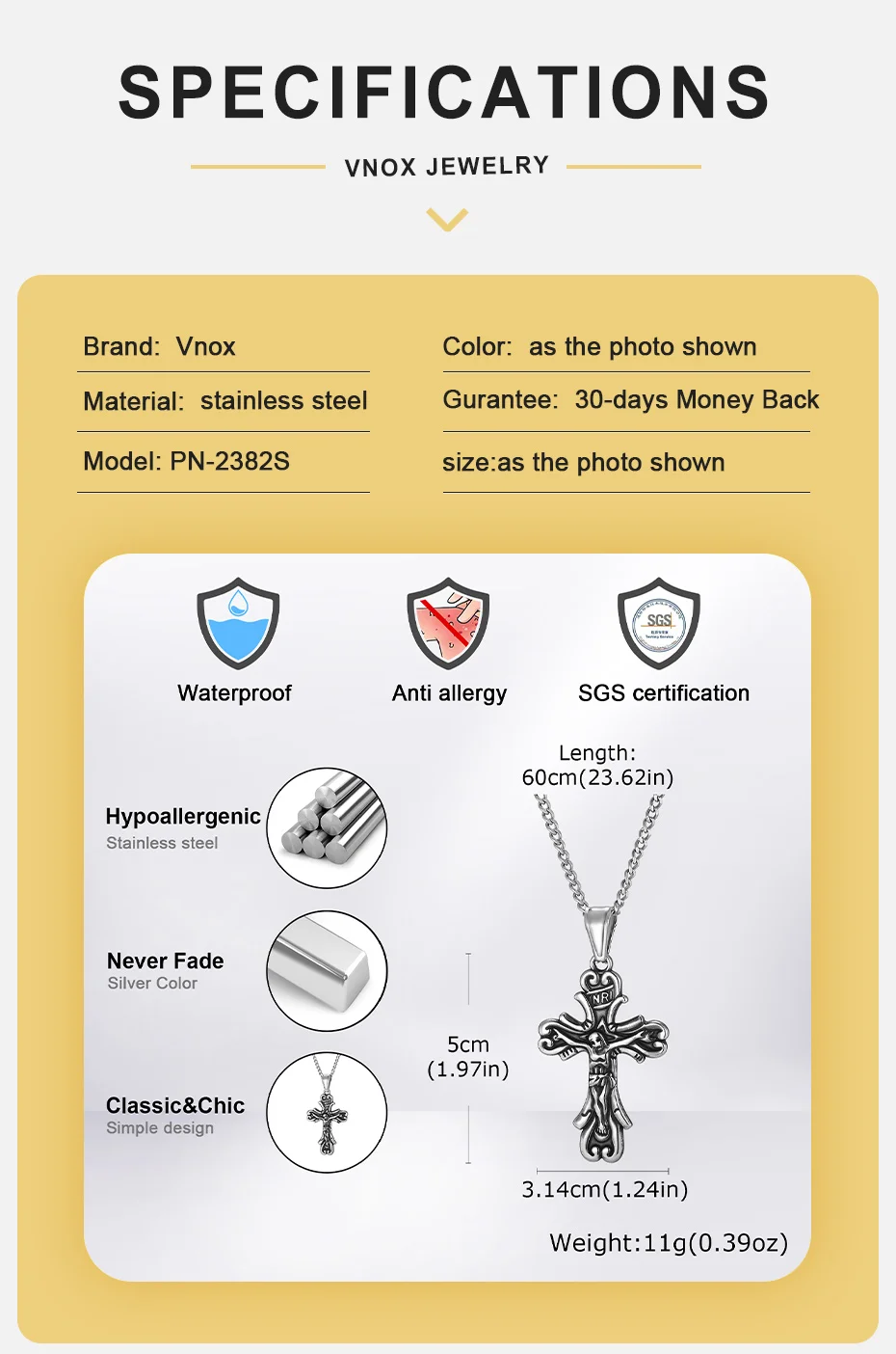 Vnox Jesus-Kreuz-Anhänger-Halsketten für Männer und Jungen, Retro-Grau-Kruzifix aus Edelstahl mit Gliederkette, christliches Schmuckgeschenk – Detail 3