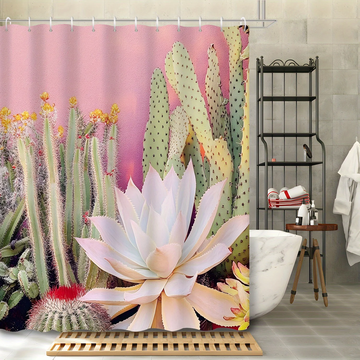 

1 шт., современный художественный декор, занавеска для душа с цветочным принтом кактуса, полиэфирная ткань с 12 крючками, аксессуары для ванной комнаты
