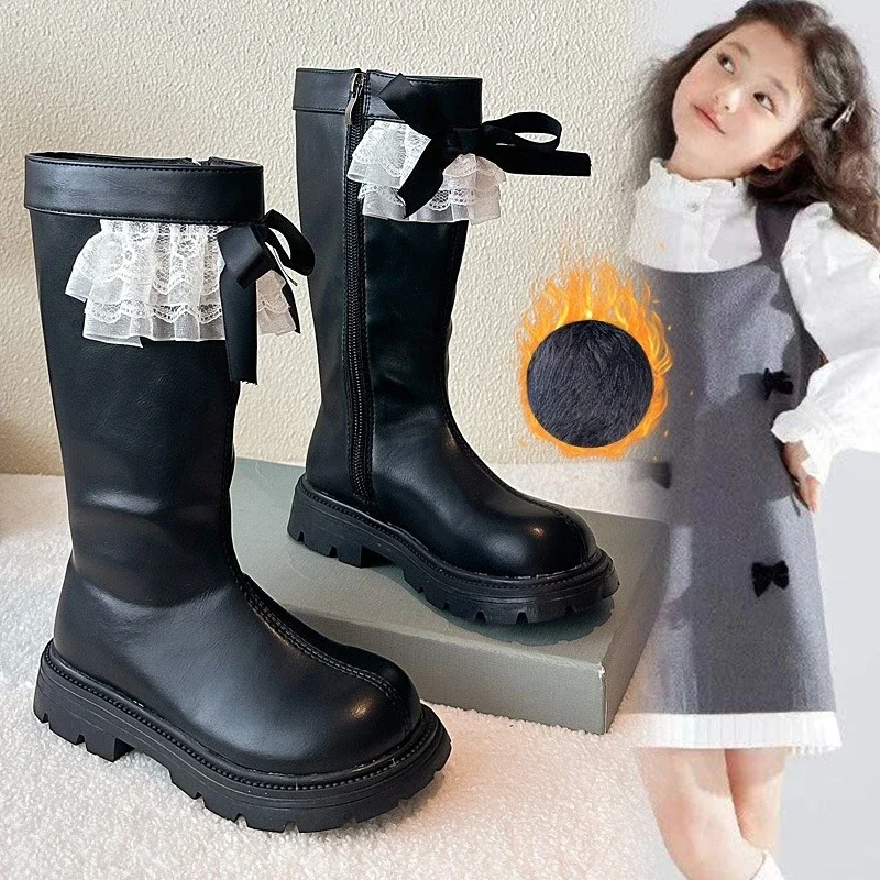 

Kids Mid-calf Boots Lace Sweet Girls Princess Boots with Cute Bowknots 2025 Autumn Winter Children Leather Boots Korean Style