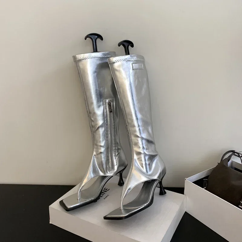 Silver Open Toe Clip-On Knee High Boots Women Modern Booties Thin Low Heels Side Zipper Spring  Party Pumps Sandals Shoe