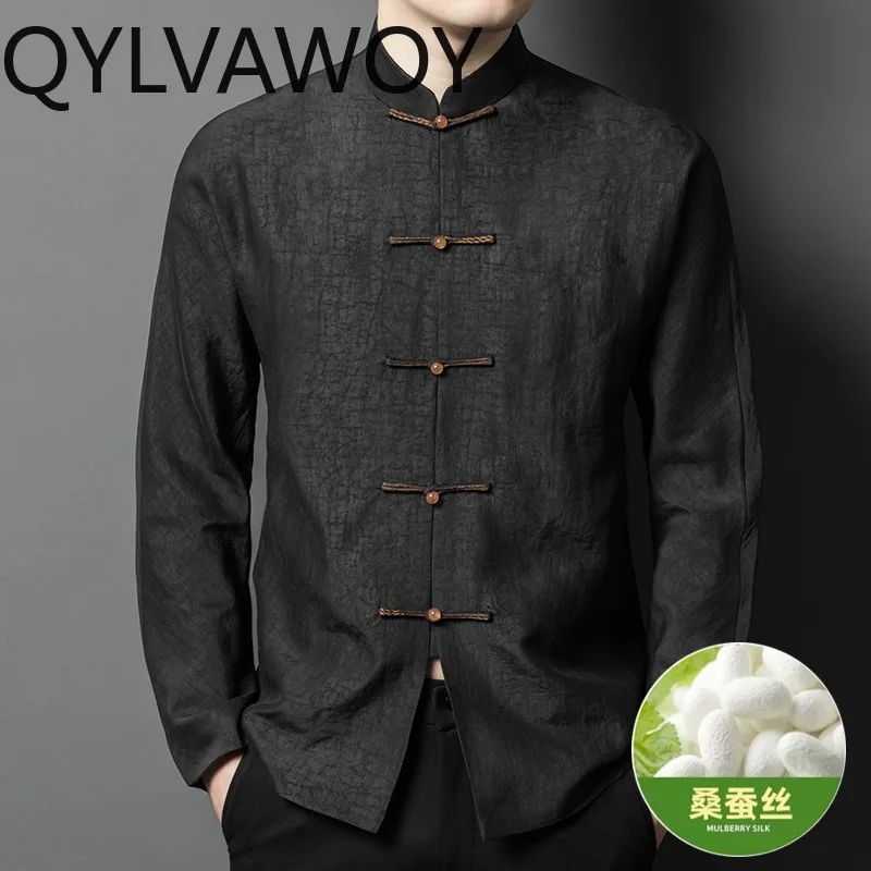 QYLVAWOY Men's Shirts Luxury Man Clothing 100% Mulberry Silk Tops Long Sleeve Shirt Spring Autumn Shirts for Man Ropa Hombre
