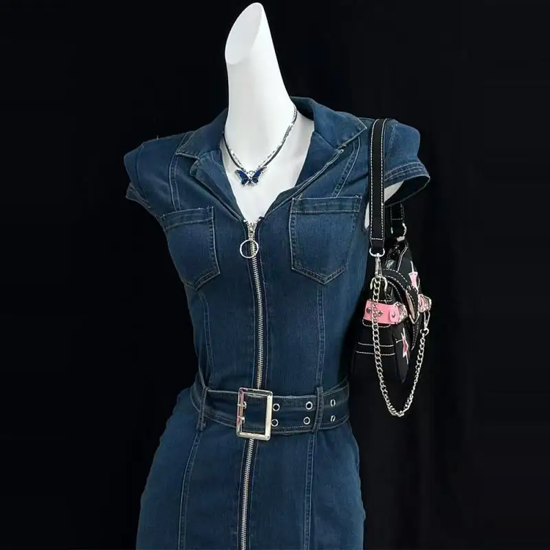 American Retro Blue Denim Skirt Women Belt Waist Zipper Lapel Korean Spice Dress Office Lady Fashion Trend New One-Piece Dress