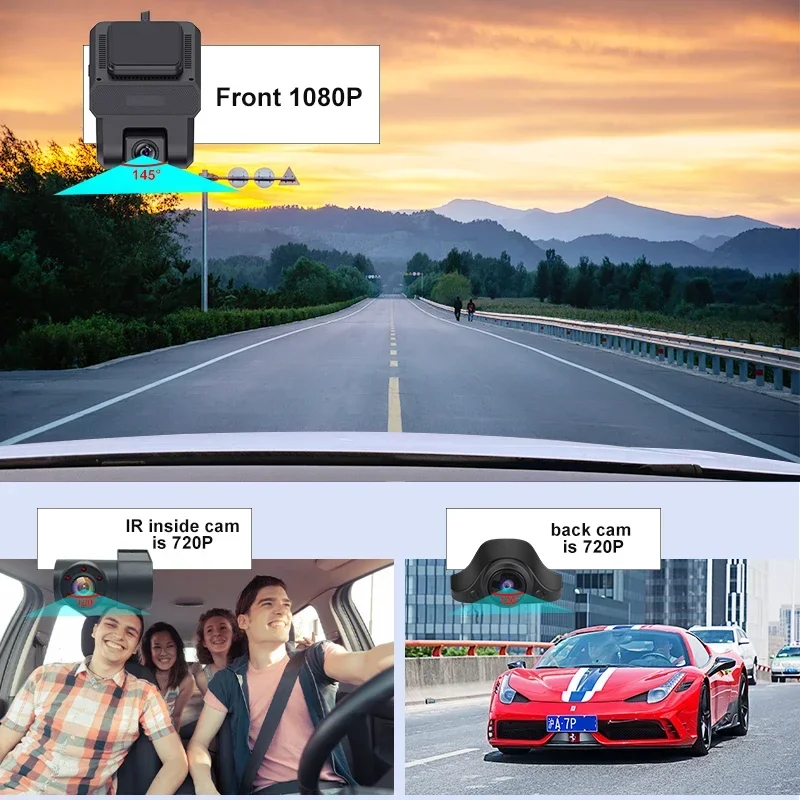 4G Sim Car Dashcam 1080P Mini Smart 3 Channel Dash Camera with Front and Rear Lenses GPS and WiFi  ADAS DMS fleet management