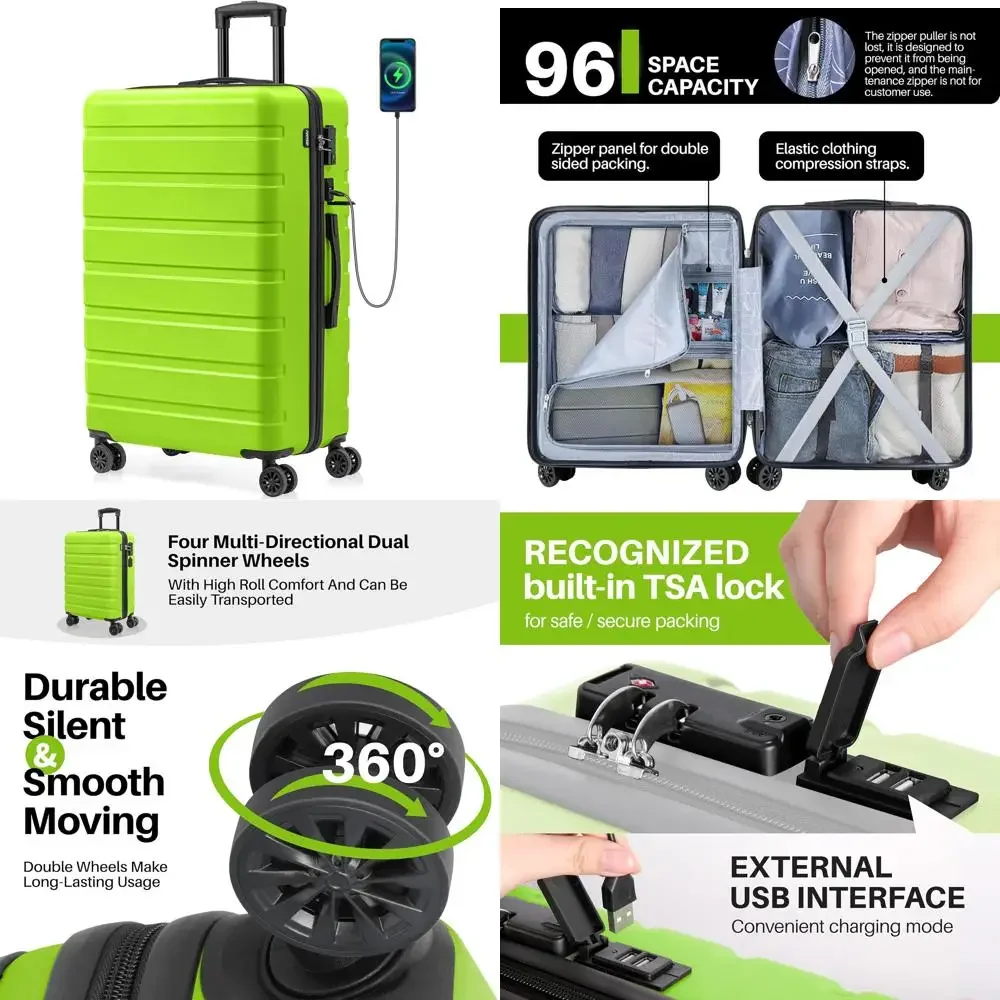 

Lightweight Hardside ABS Luggage with USB Port, TSA Lock, Wheels, Large 28 Inch, Apple Green Checked-In Suitcase