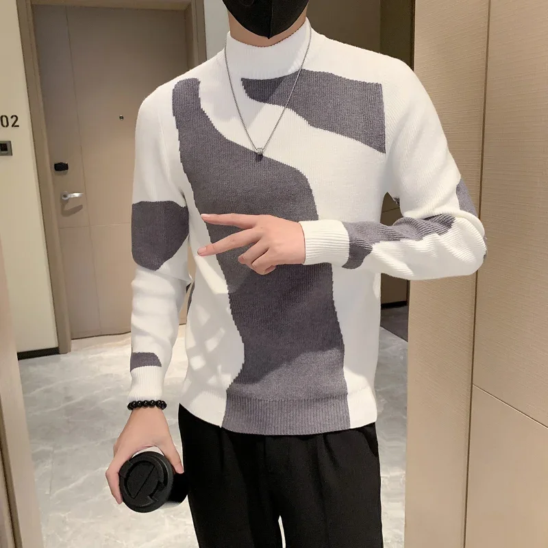 Sweater pria lengan panjang, atasan rajut setengah Turtleneck warna musim gugur/musim dingin 2023, Pullover kasual ketat lengan panjang untuk pria