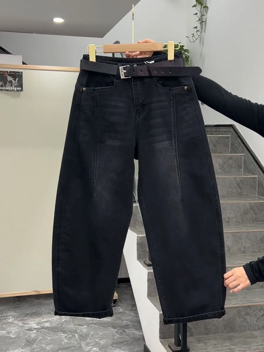 

Джинсы с высокой талией и прямыми штанинами для женщин: модные осенние брюки больших размеров для фигуры типа «груша» с поясом, повседневные, удобные, комфортного кроя